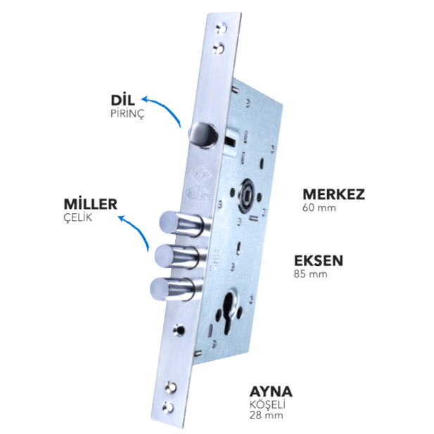DAF ÇELİK ÜST KAPI KİLİDİ 60/85MM 3 MİLLİ BLOKAJLI BARELSİZ
